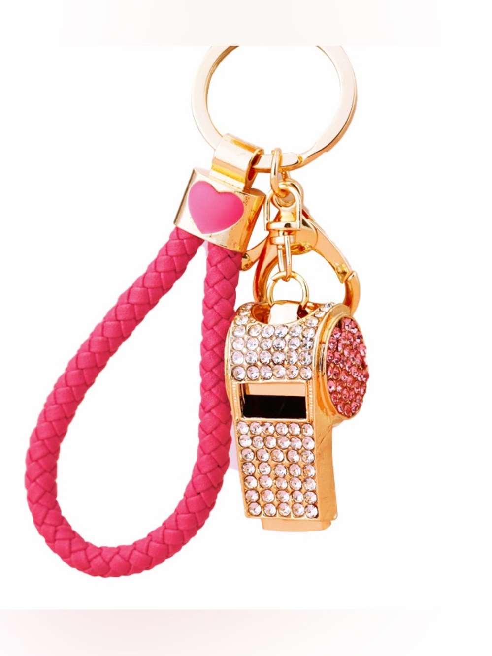 Gold Crystal Whistle Keychain with Pink Braided Loop
